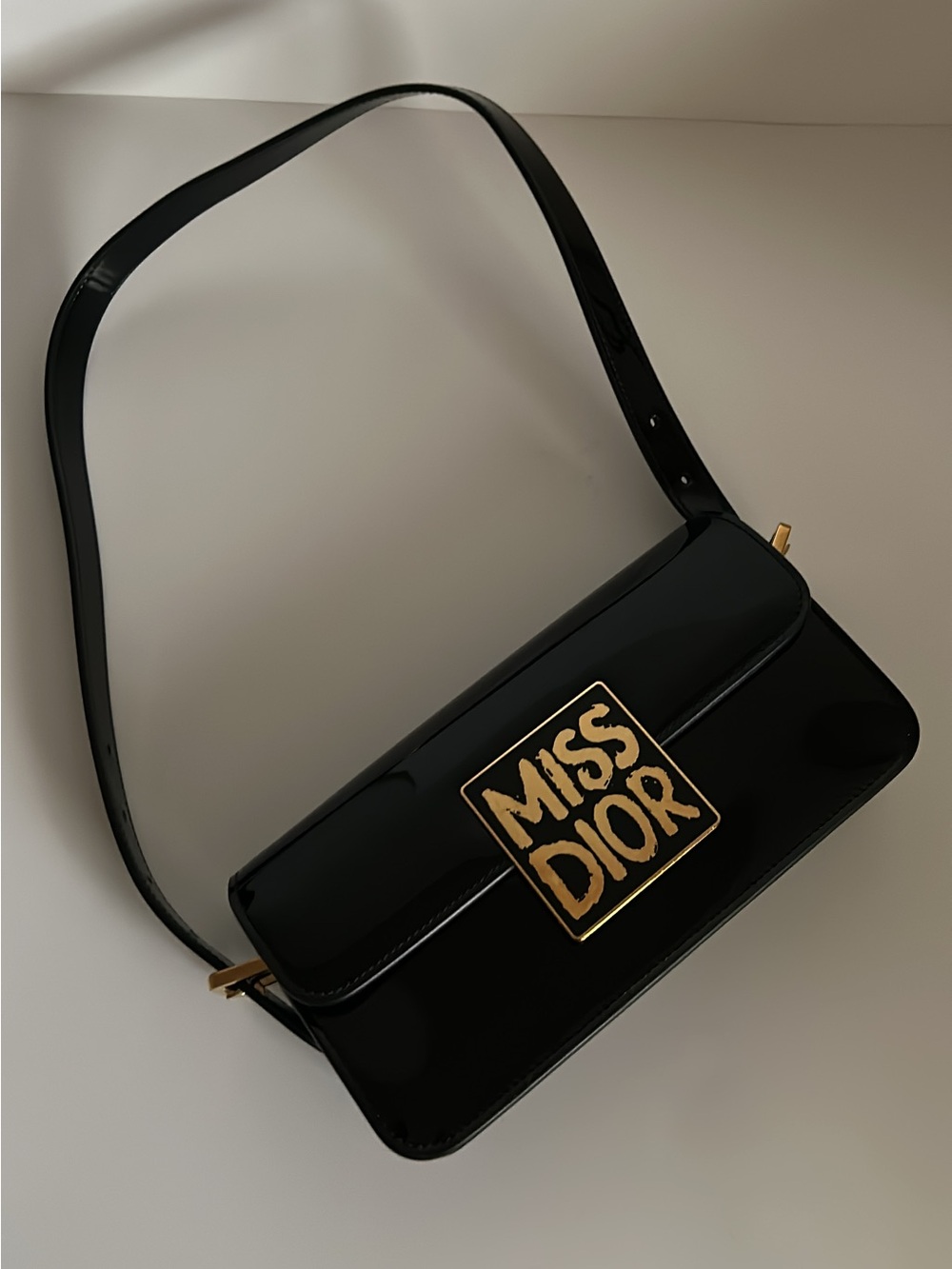 Dior Black Patent Leather Miss Dior Shoulder Bag with Gold Logo